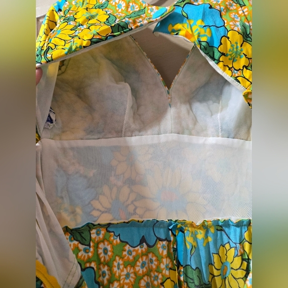 Jack Hartley 1960s Retro Yellow Blue Floral Keyhole Flutter Sleeve Maxi Dress - Picture 5 of 11